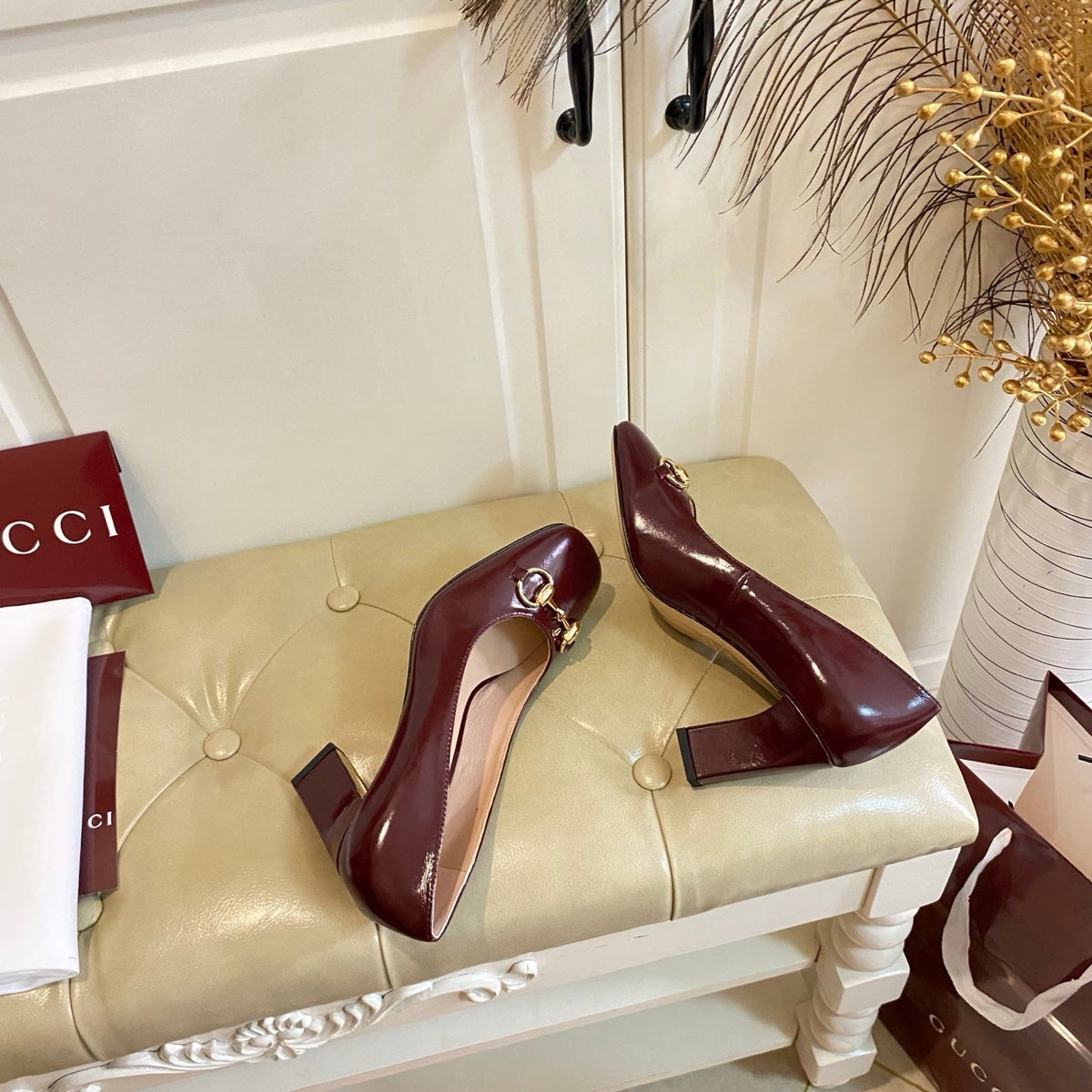 Gucci 26s Horsebit Mid-Heel Pumps 7.5cm Dark Red Calfskin