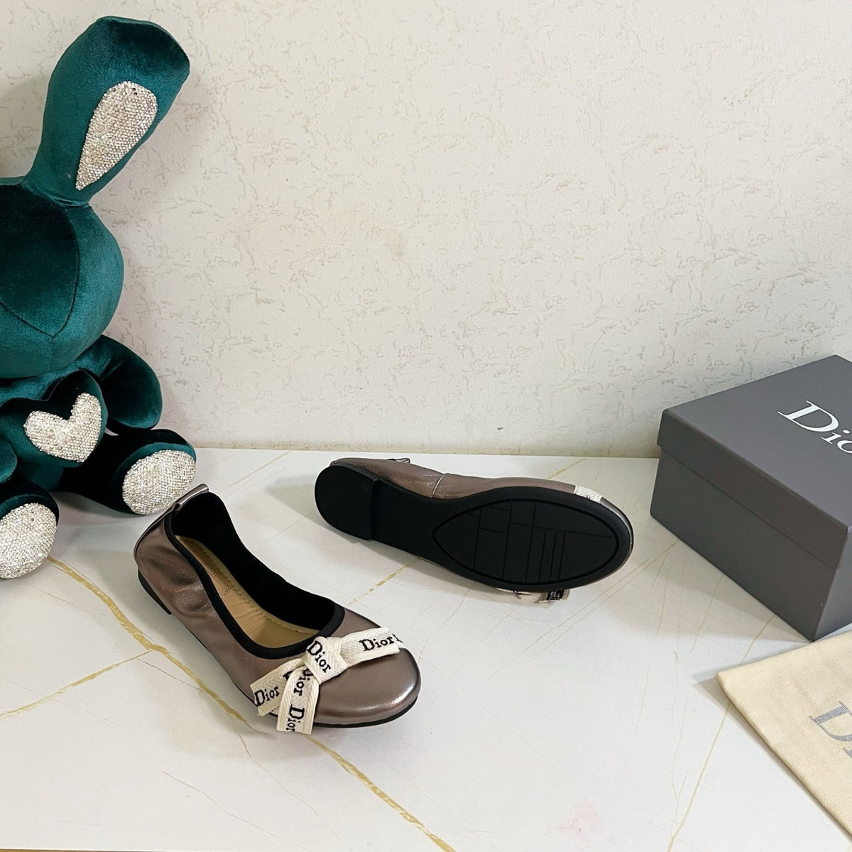 Dior 26s Bow Ballet Flats Taupe Metallic Calfskin