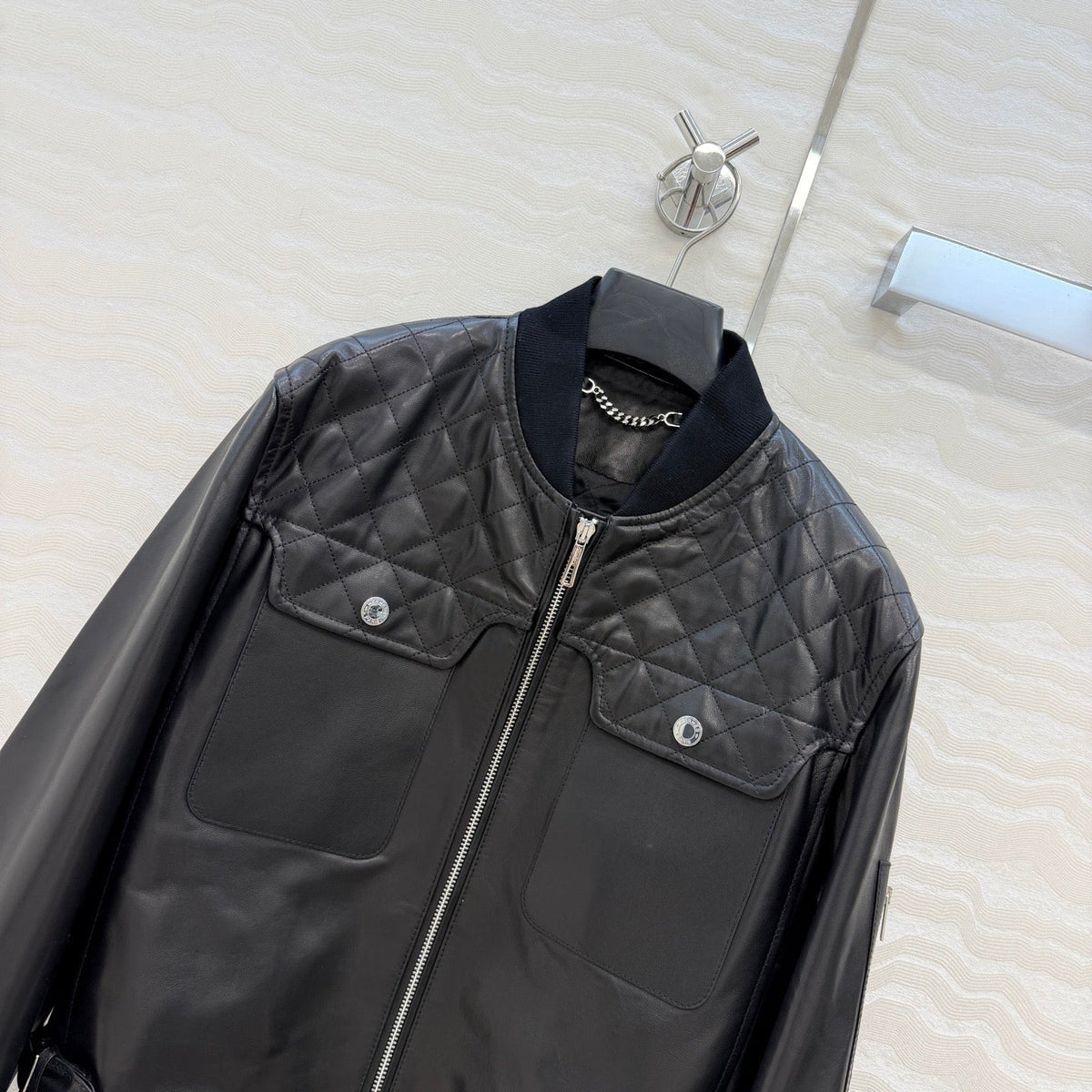 HM 25FW Quilted-Yoke Leather Bomber Jacket Black Sheepskin 440935