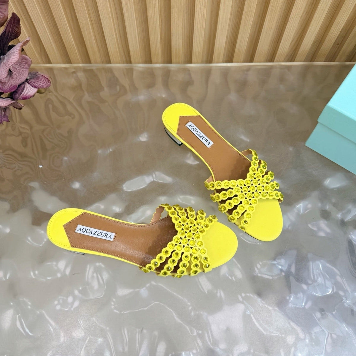 Aquazzura 26s Slides Yellow Calfskin Crystal-Embellished Straps 395104