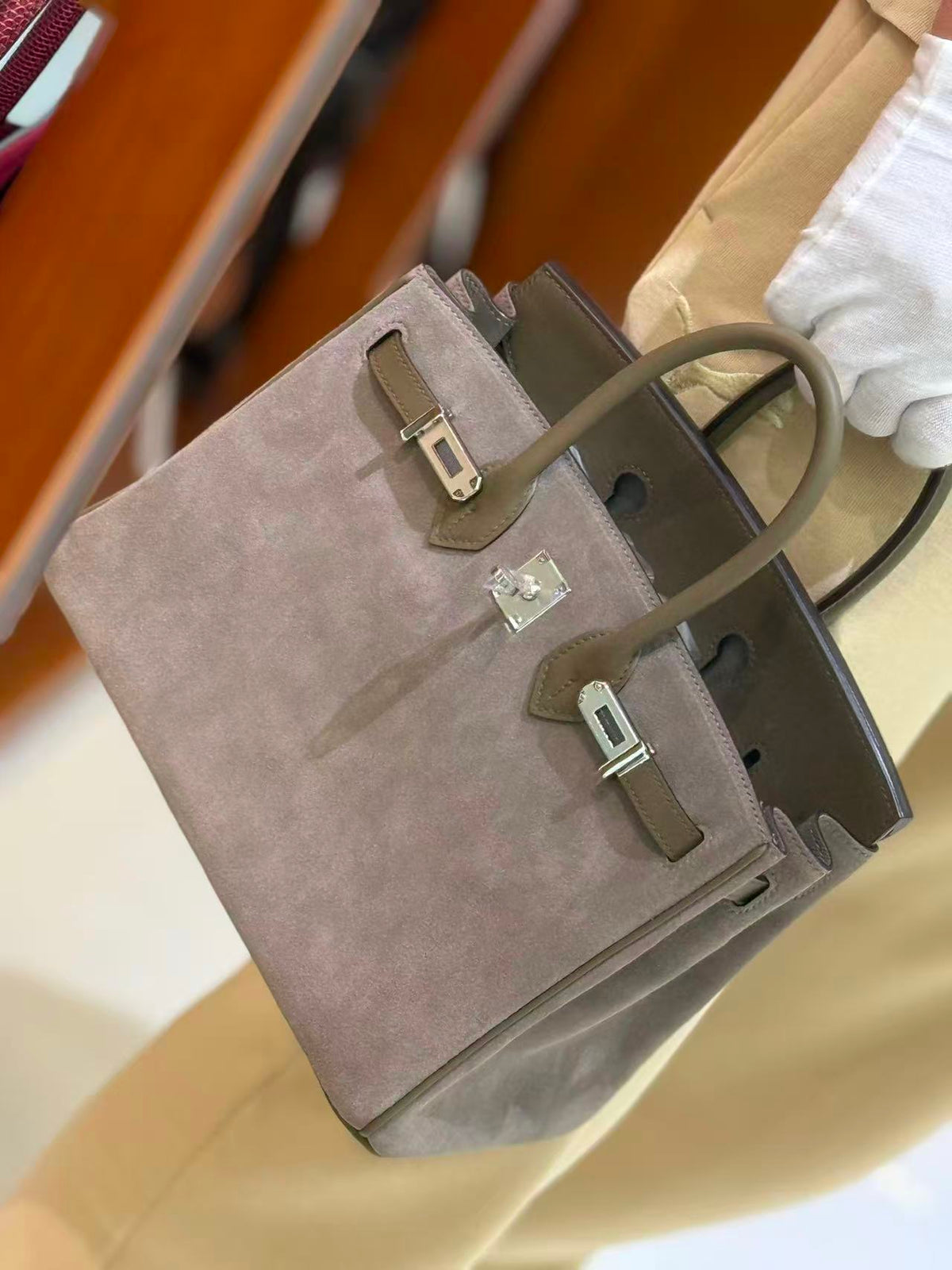 HM Grizzly Birkin 25cm Handbag Étoupe Suede Leather