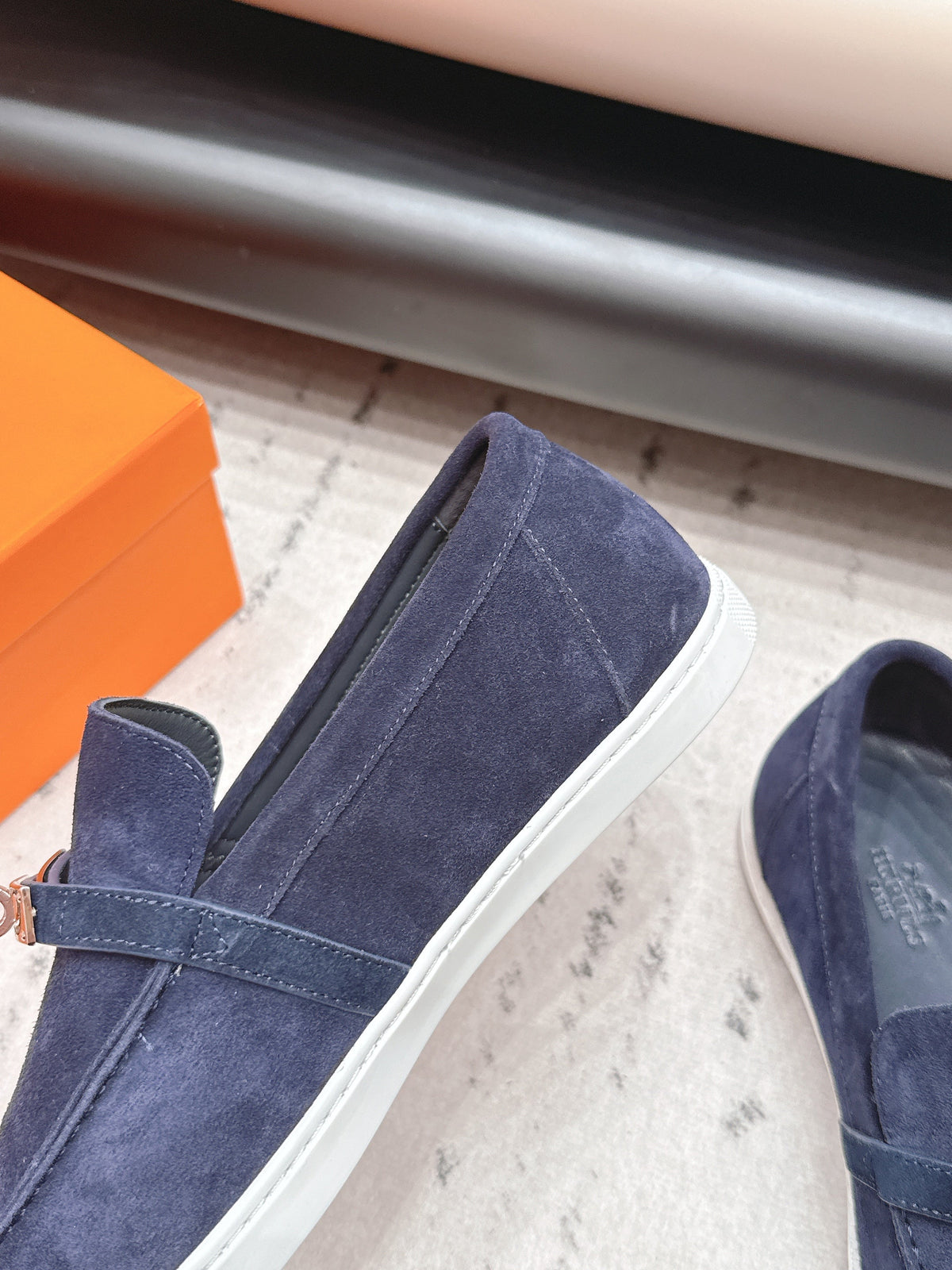 HM 26S Kelly Paris Loafers Navy Blue Suede Silver Hardware