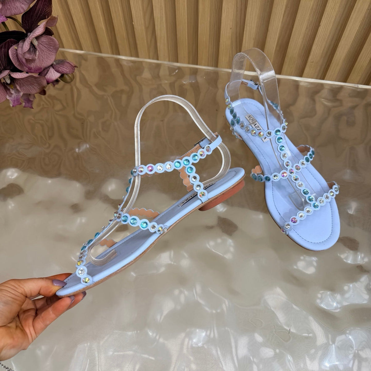 Aquazzura 26s Flat Sandals Light Blue Calfskin Crystal Embellished 471092