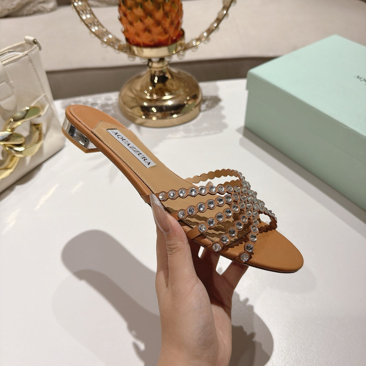 Aquazzura 26s Slides Light Brown Lambskin Crystal Embellished 384029