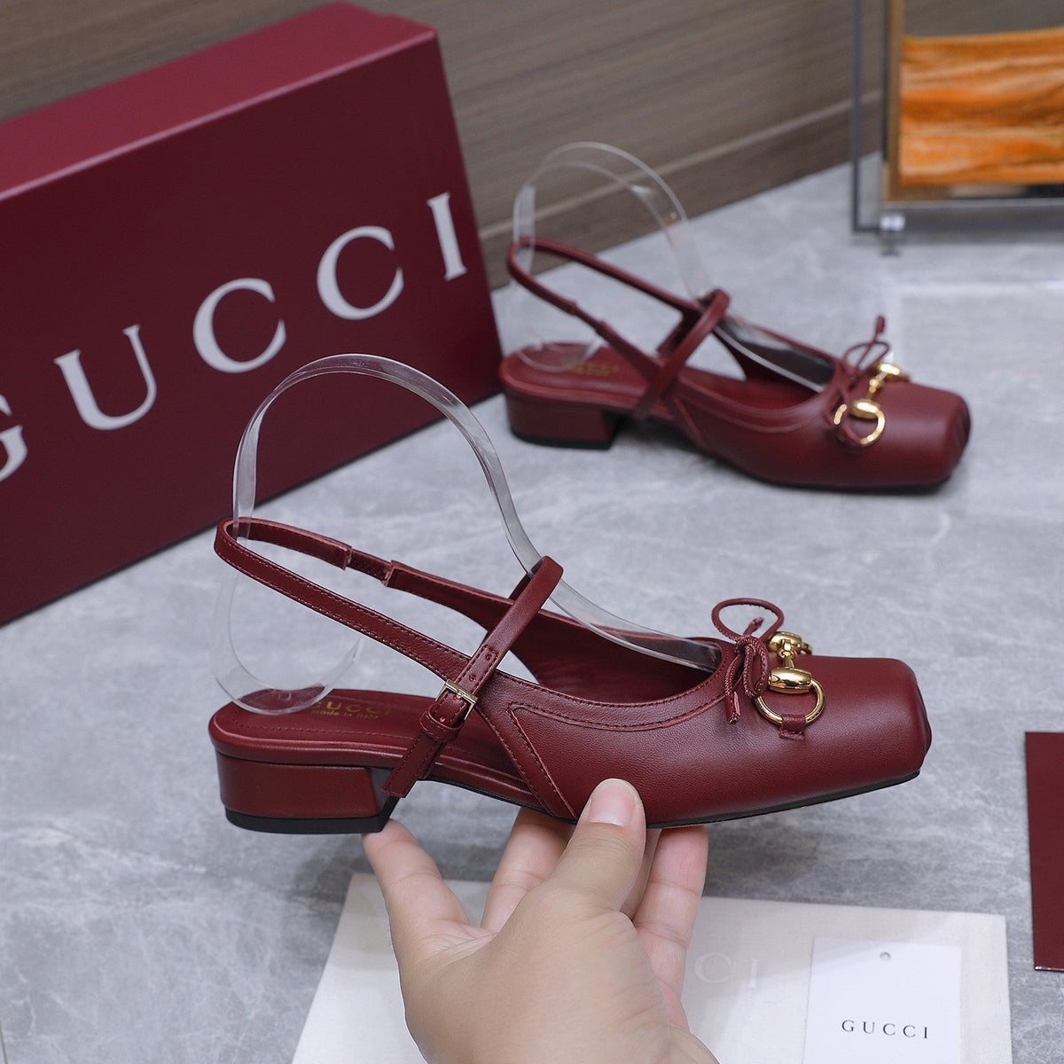 Gucci 26s Slingback Pumps Burgundy Red Calfskin Gold Hardware