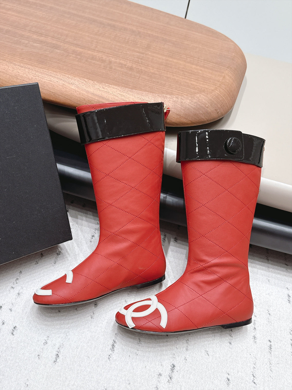 Chanel 26s Knee High Boots Red Quilted Calfskin Black Patent Cuff