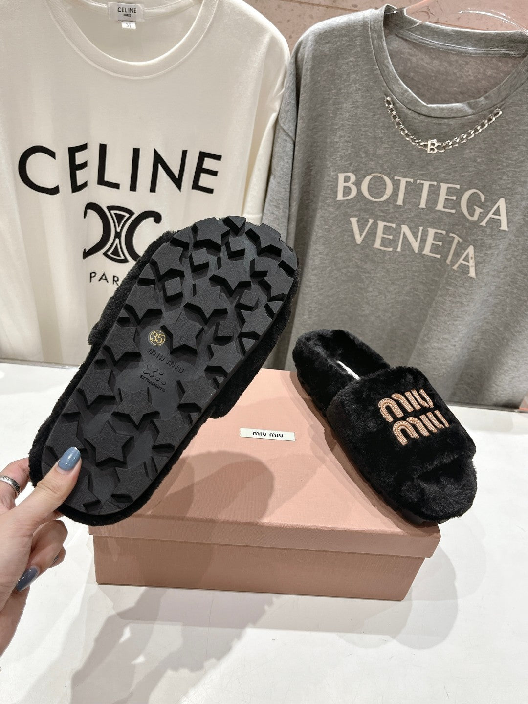 Miumiu 26s Flat Slides Black Shearling
