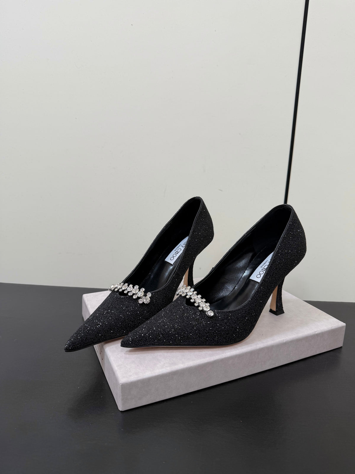 Jimmy Choo 26S Embellished High Heels 9.0cm Black Glitter 635194