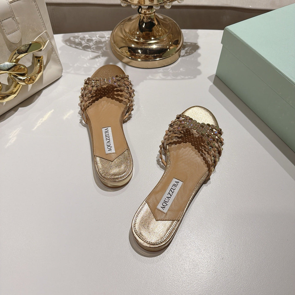 Aquazzura 26s Slides Light Gold Lambskin Crystal Embellished 501934
