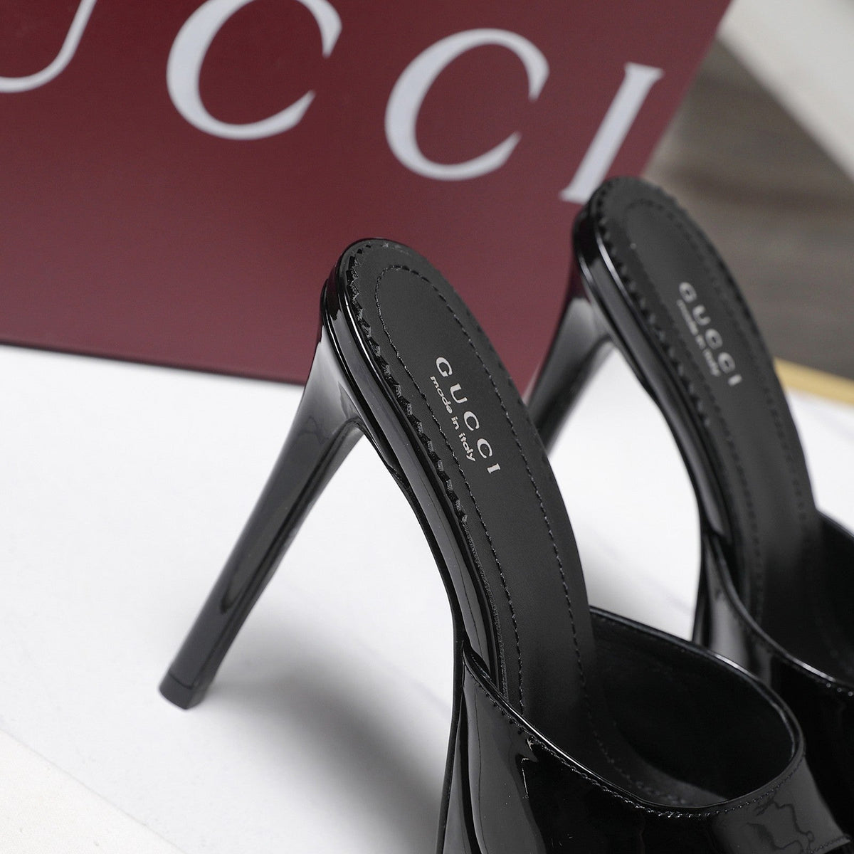 Gucci 26s Heeled Slide Sandals 12cm Black Patent Calfskin