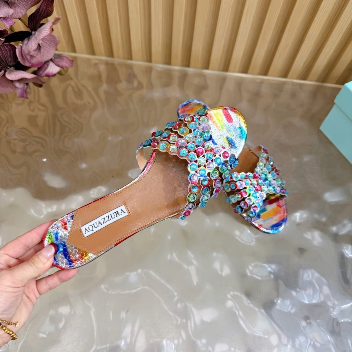 Aquazzura 26s Slides Multicolor Snakeskin Embossed Leather 924158