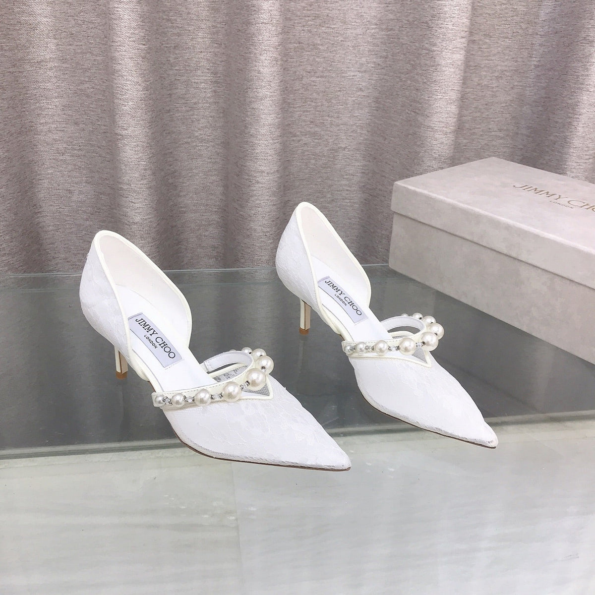 Jimmy Choo 26S High Heels 6.5cm White Lace Pearl-Embellished 714936