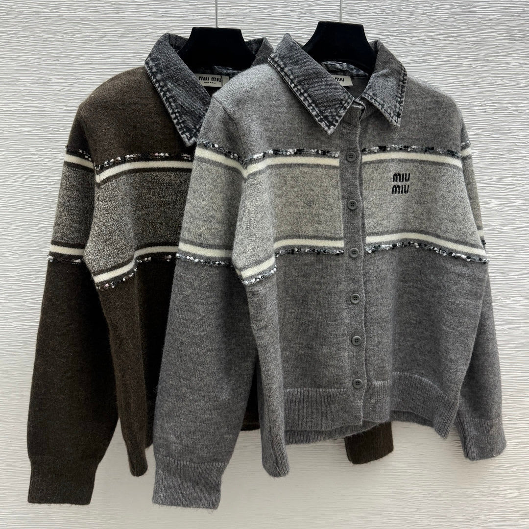 Miu 26FW Collared Cashmere Cardigan Denim Collar Striped Embellishments Ash Wool 313354
