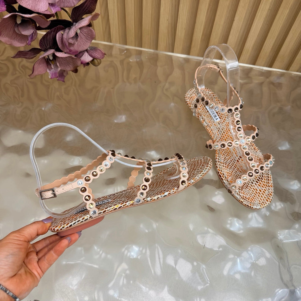 Aquazzura 26s Flat Sandals Beige Snakeskin Crystal Embellished 481953