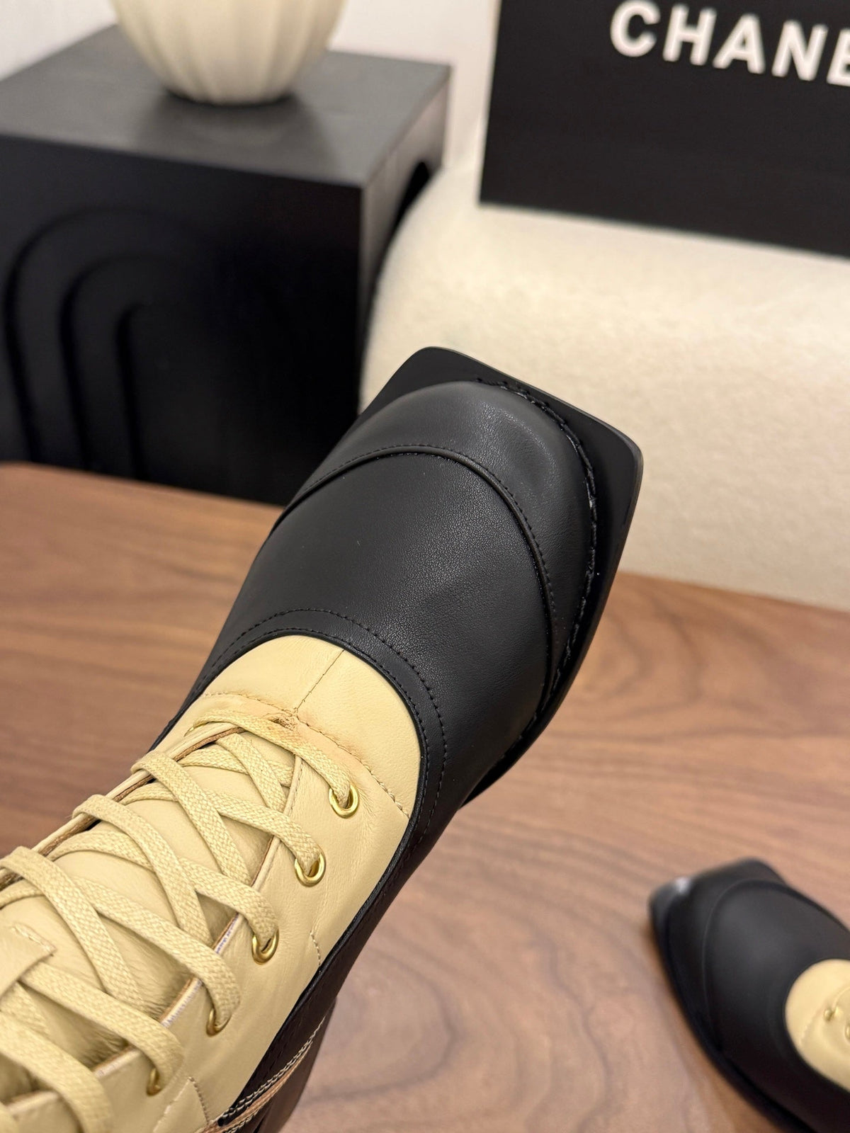 Chanel 26s Lace Up High Top Boots 4.5 Cm Black Beige Calfskin