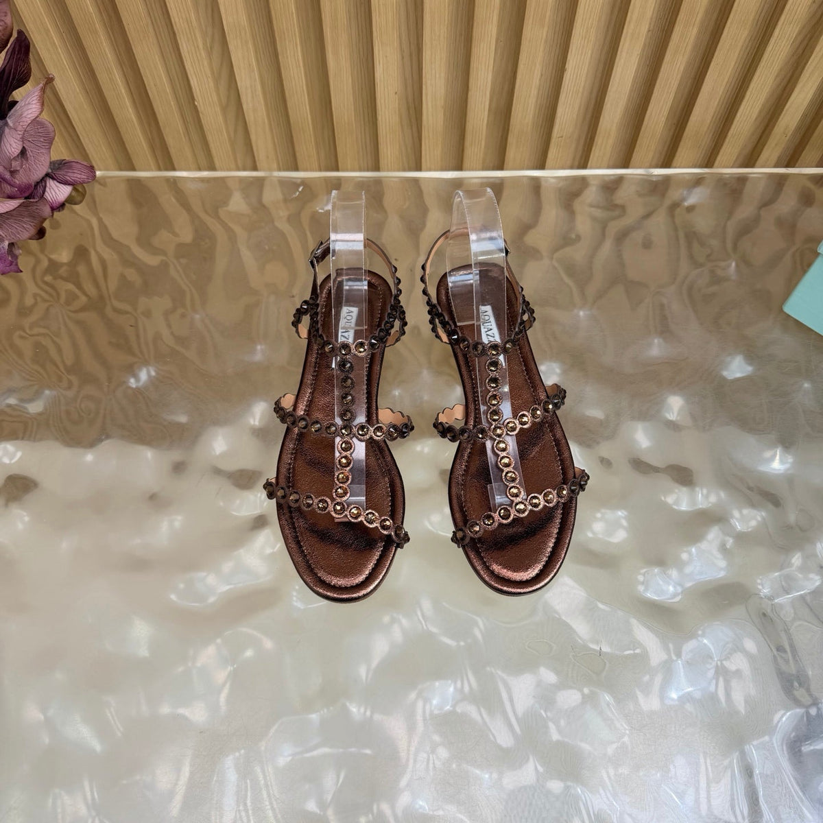 Aquazzura 26s Flat Sandals Dark Bronze Calfskin Crystal Embellished 501837
