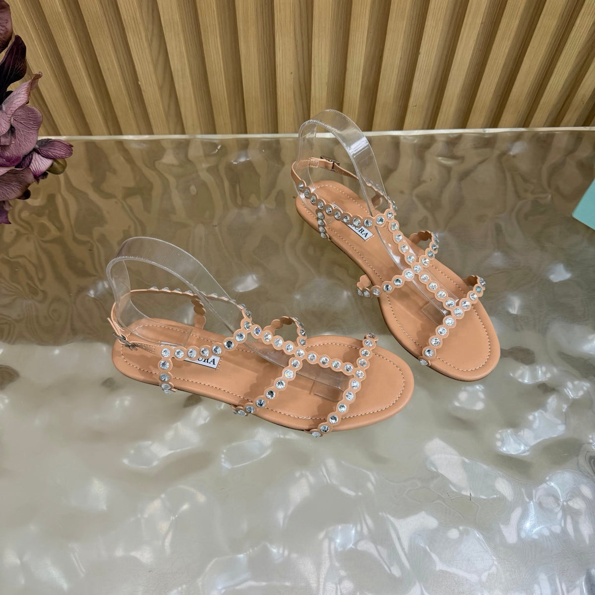 Aquazzura 26s Flat Sandals Nude Calfskin Crystal Embellished 582419