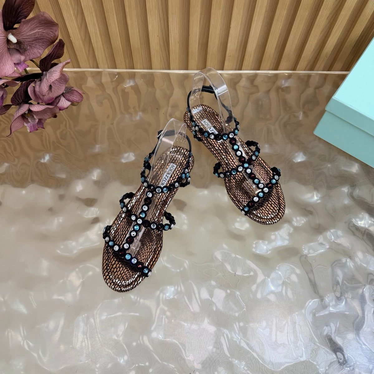Aquazzura 26s Flat Sandals Bronze Metallic Snakeskin Crystal Embellished 831495