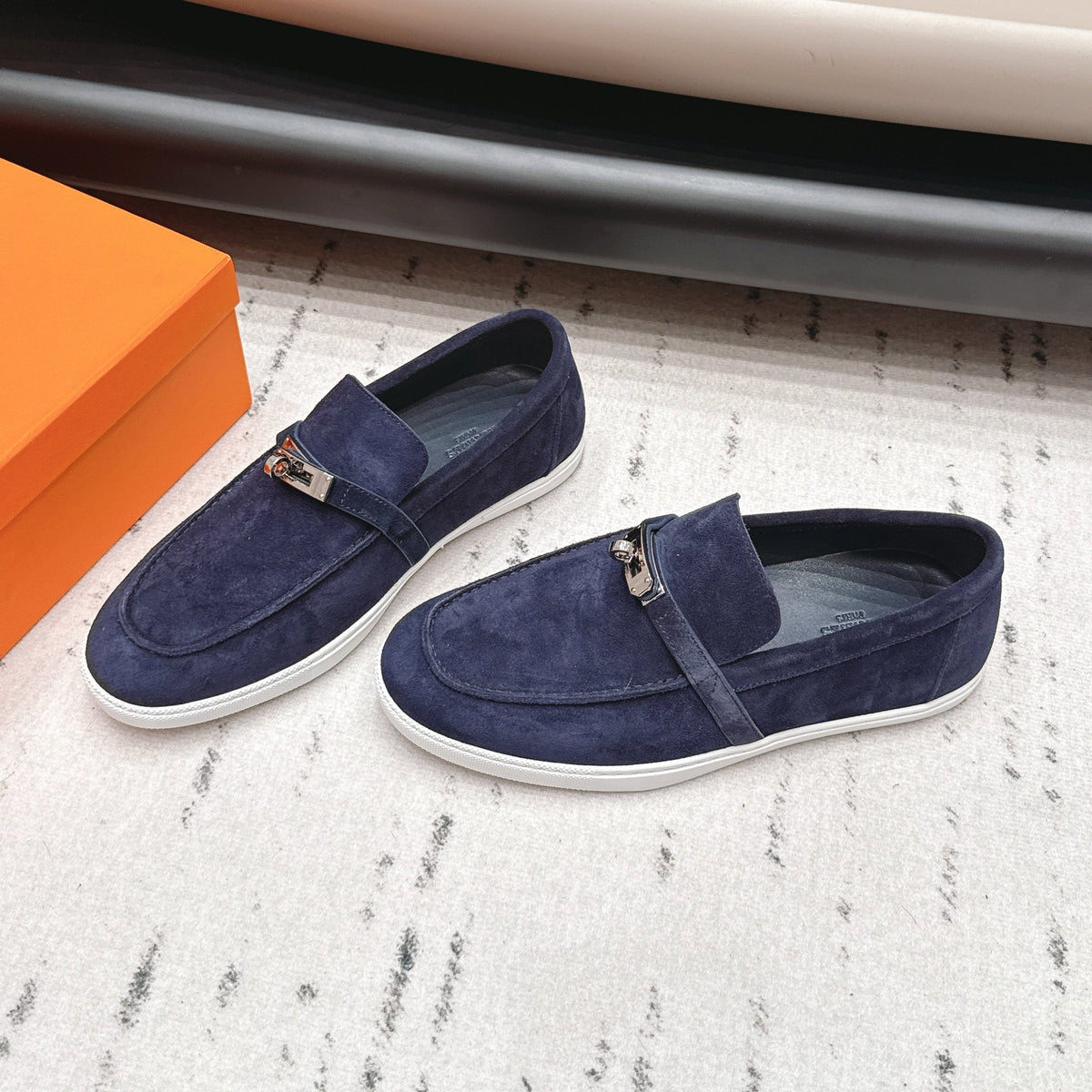 HM 26S Kelly Paris Loafers Navy Blue Suede Silver Hardware