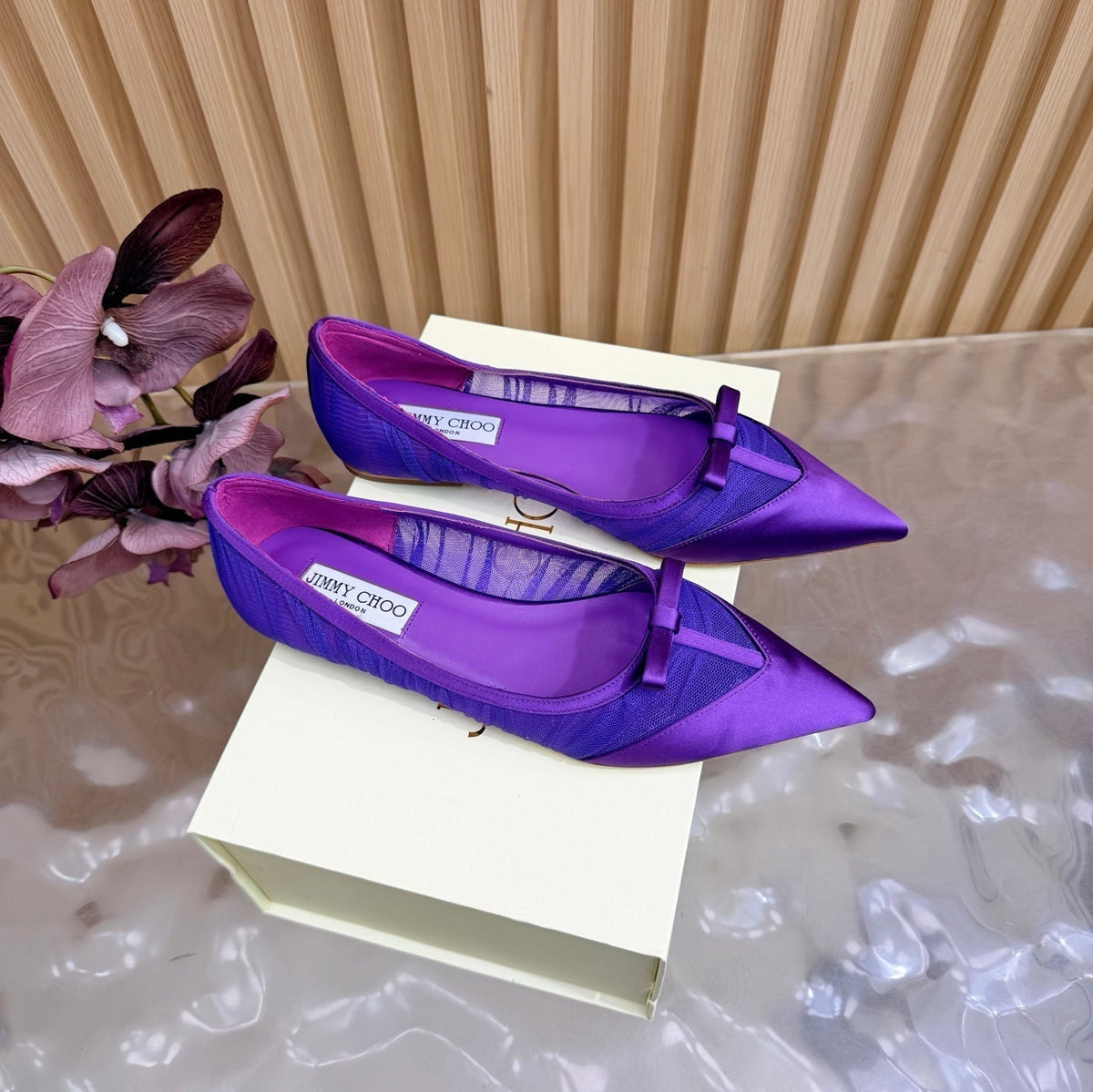Jimmy Choo 26S Flats Dark Purple Lace And Satin 582194