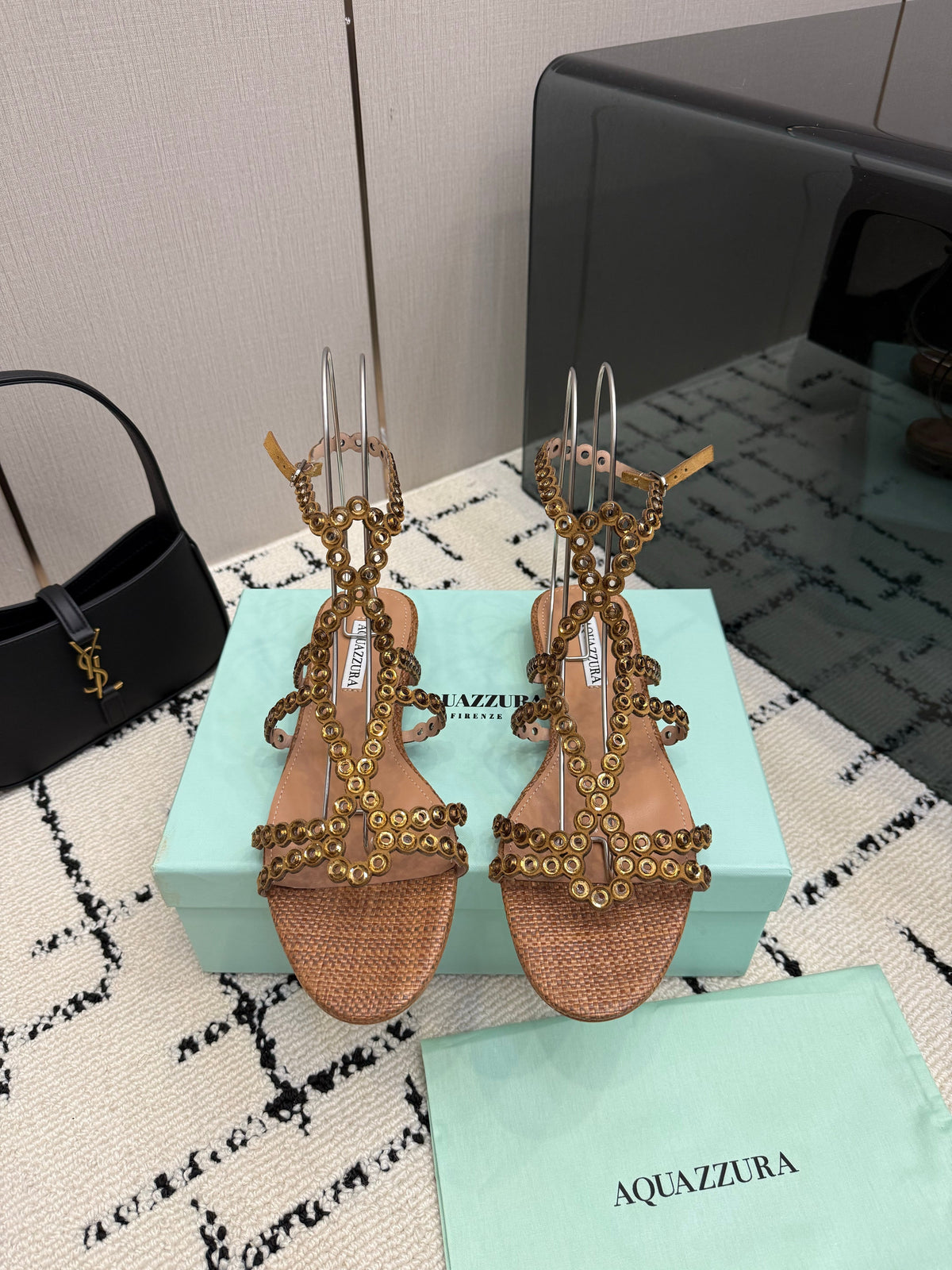 Aquazzura 26s Ankle-Strap Sandals Brown Woven Fabric 502814