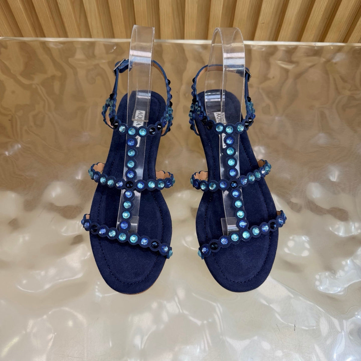 Aquazzura 26s Flat Sandals Navy Blue Suede Crystal Embellished 571932