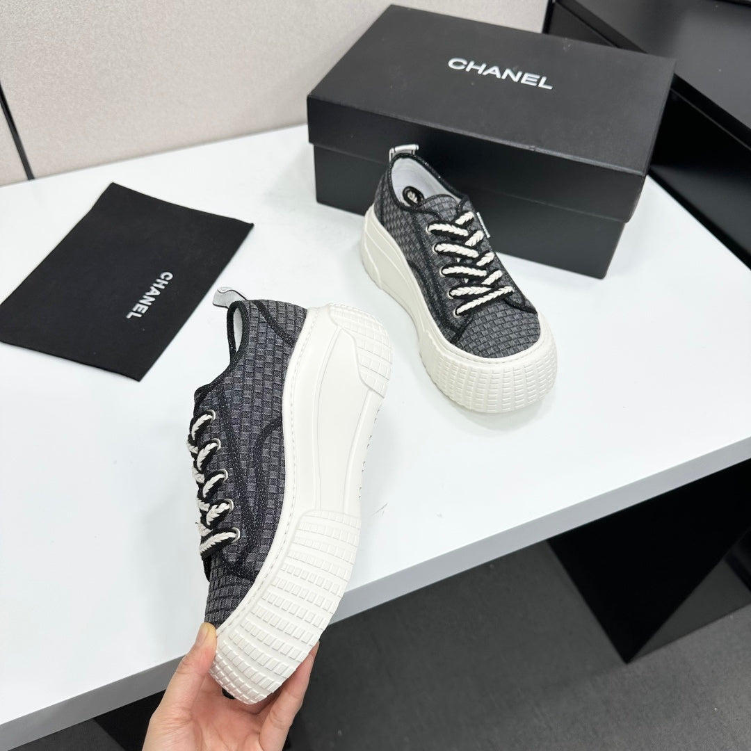CC 26S Chunky Sneakers in Black Checkered Woven Fabric