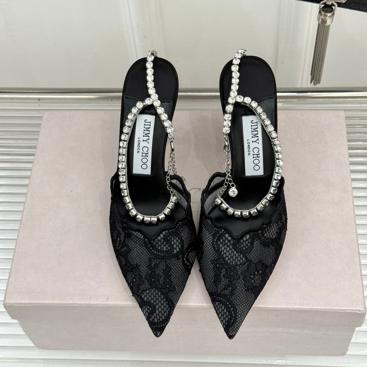 Jimmy Choo 26S Embellished High-Heeled Sandals 8.5cm Black Lace 529184