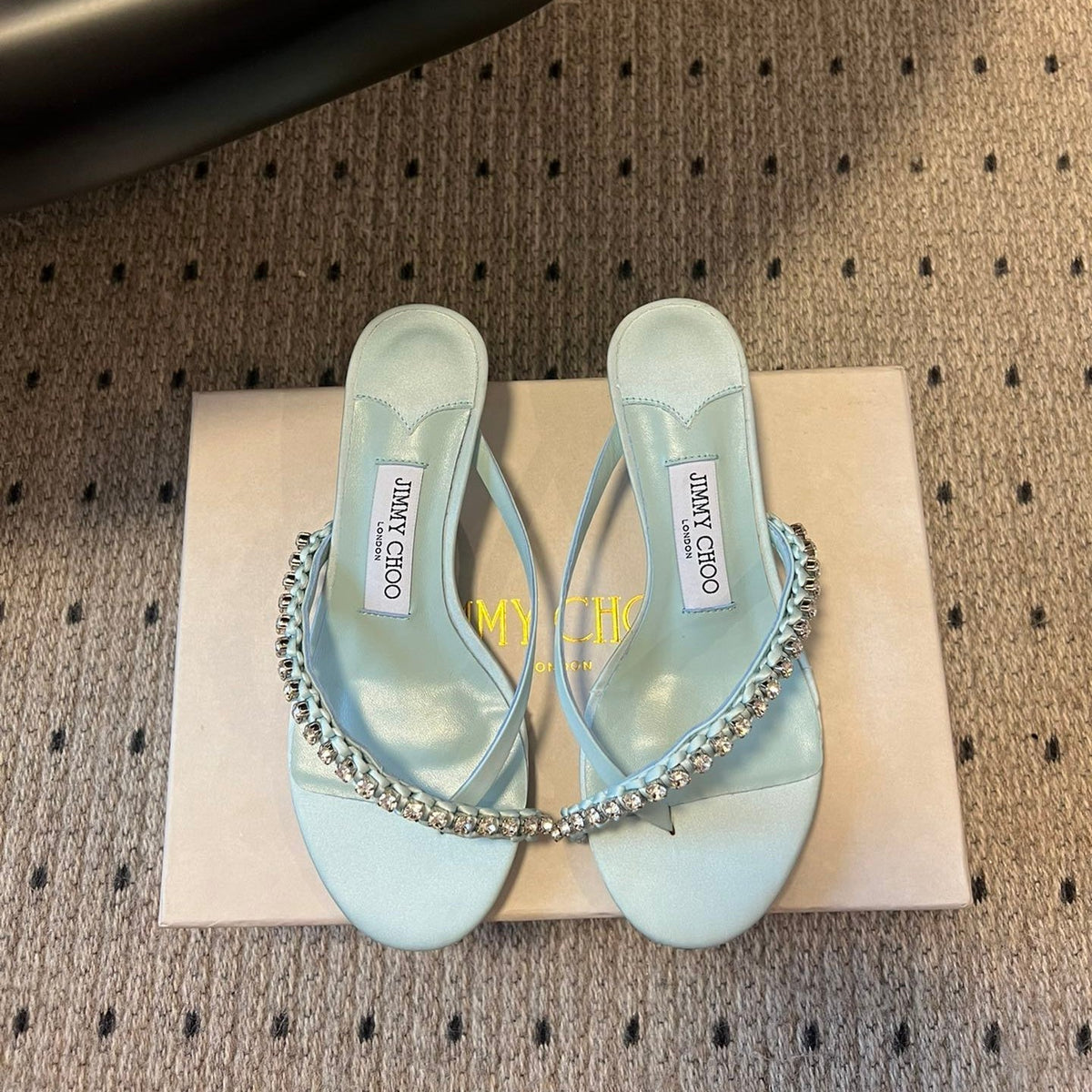 Jimmy Choo 26S Crystal Thong Sandals 4.5cm Pastel Blue Satin And Lambskin 629148