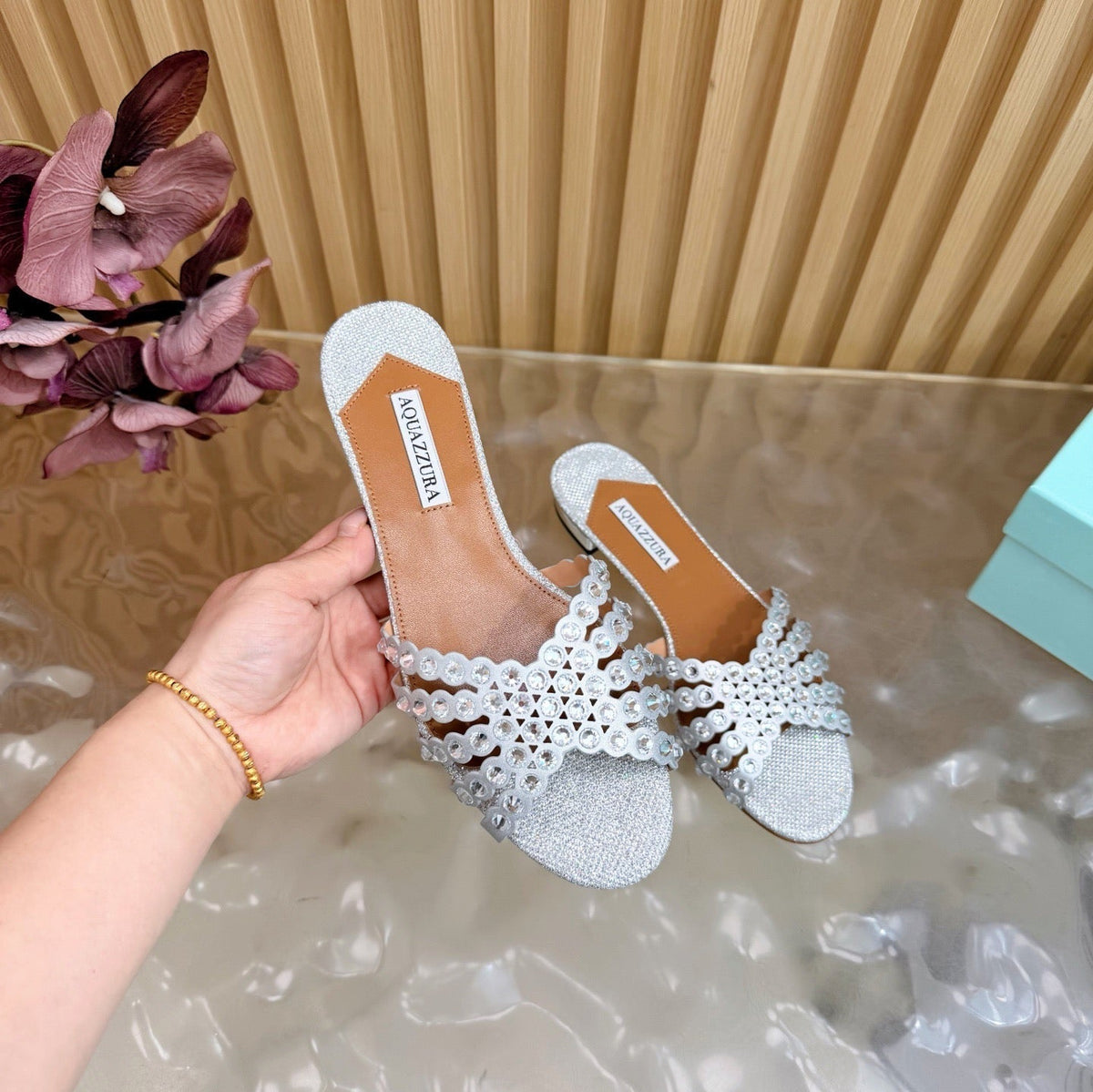 Aquazzura 26s Slides Silver Lurex Fabric 839214