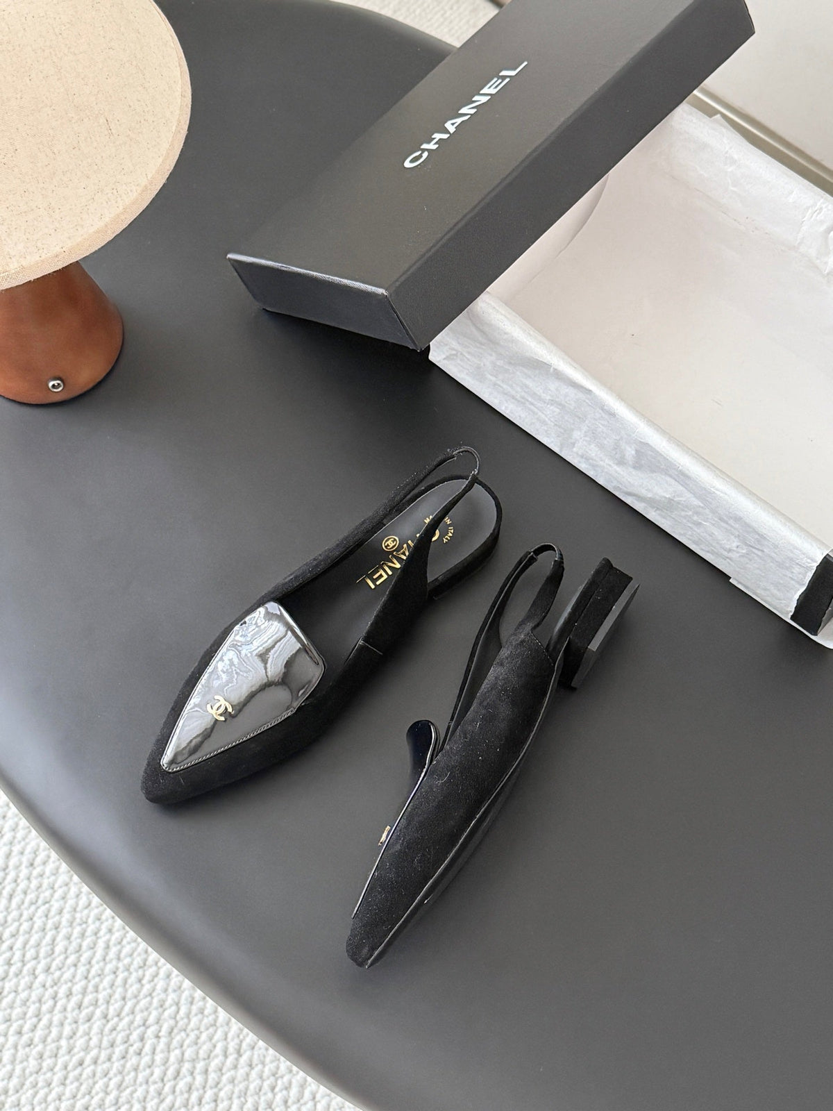 Chanel 26s Slingback Flat Black Suede Calfskin