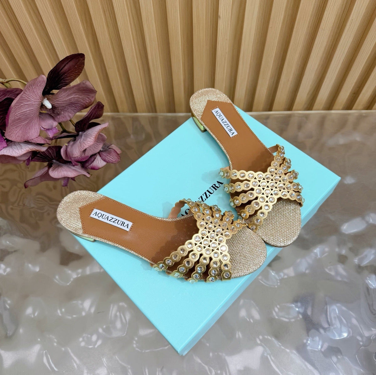 Aquazzura 26s Slides Beige Lurex Fabric 491028