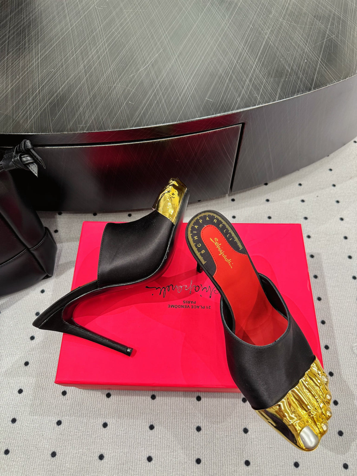 MS Trompe L'oeil Toe Mules 10.5cm Black Gold Leather Blend With Silk
