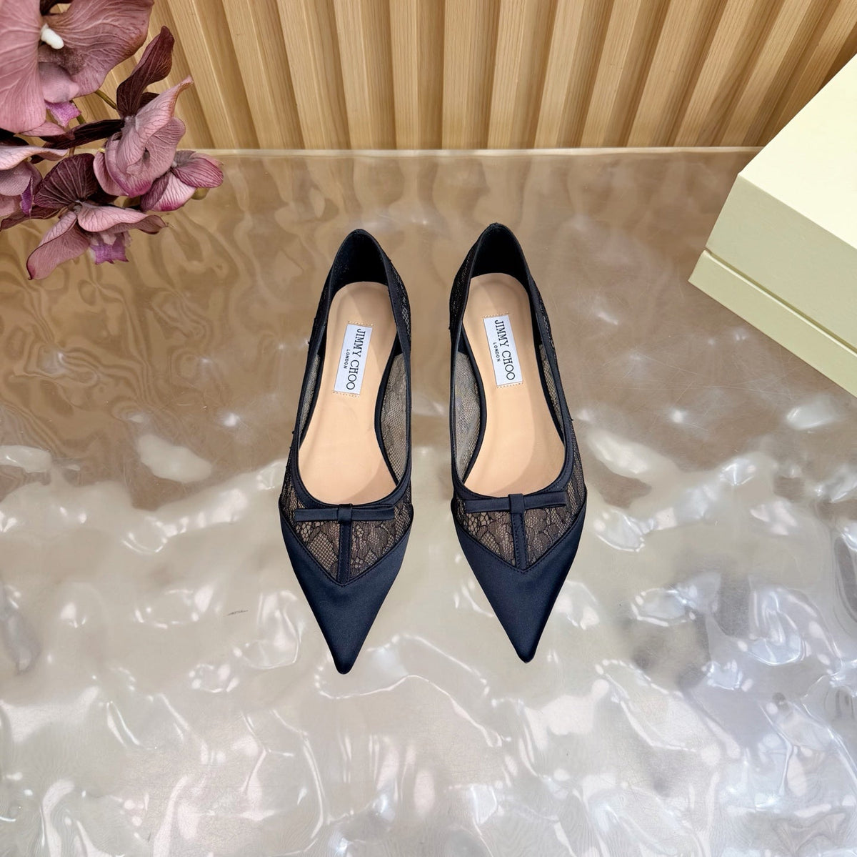 Jimmy Choo 26S Flats Black Lace And Satin 529146