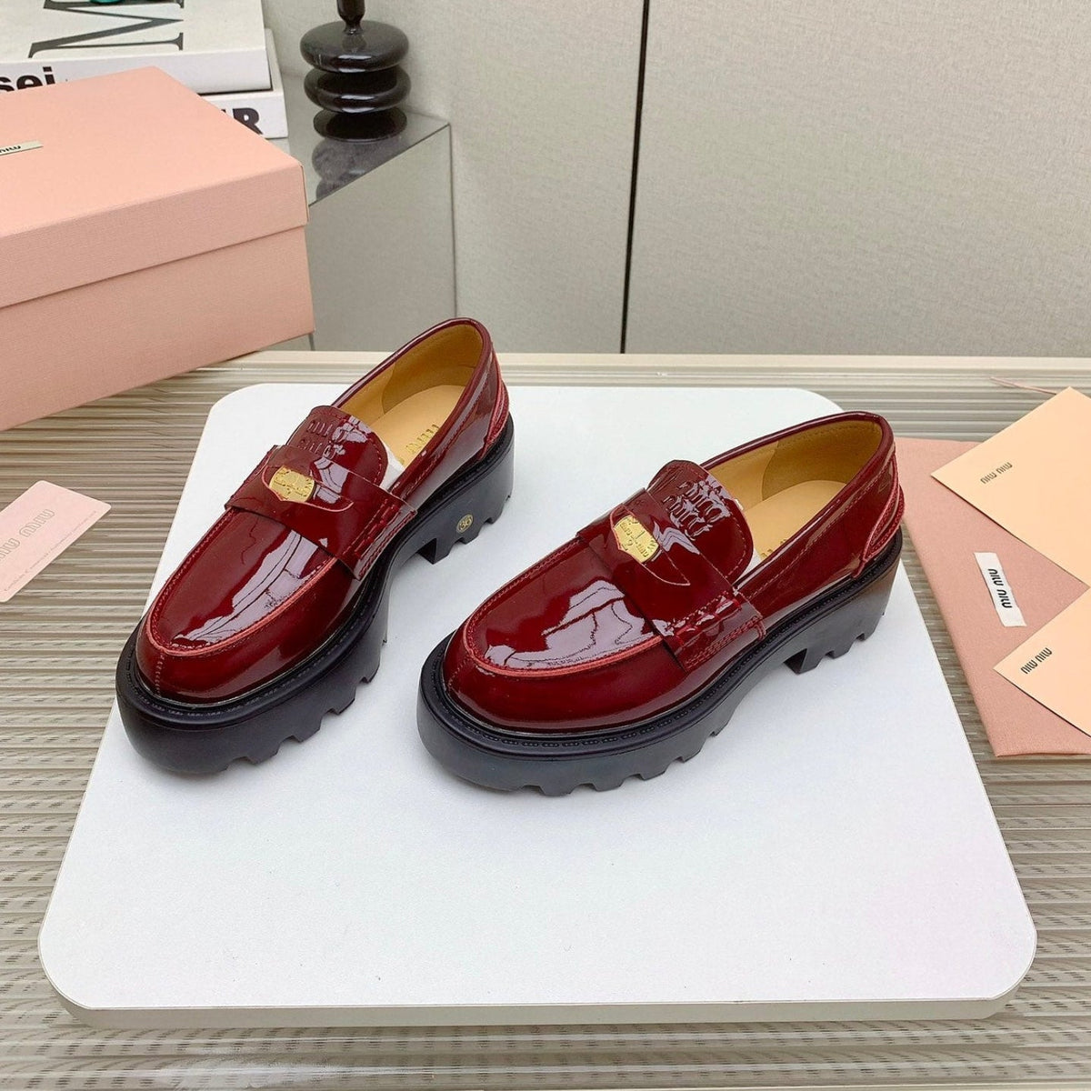 Miu 26FW Coin Loafers Burgundy Cowhide Leather 159439