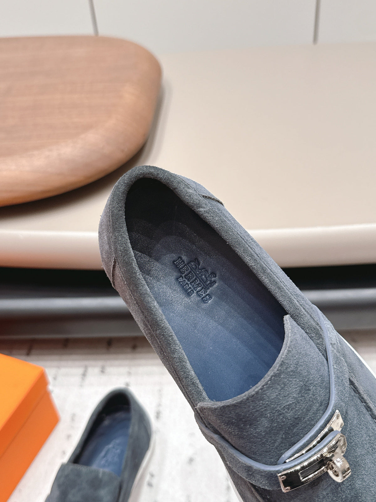 HM 26S Kelly Paris Loafers Blue Grey Suede Silver Hardware