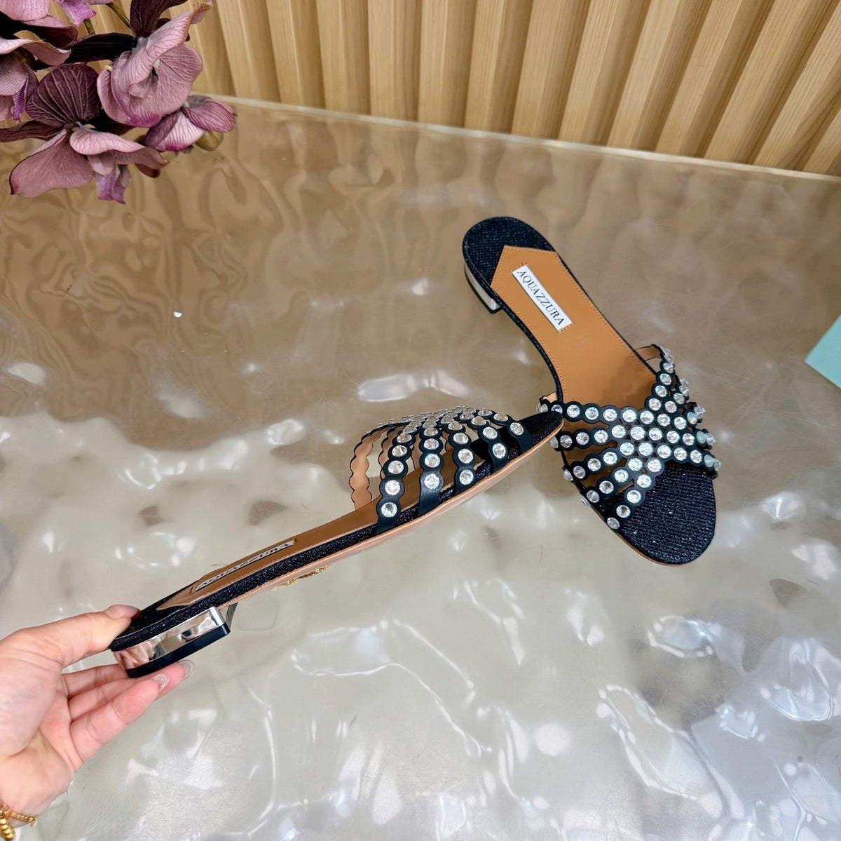 Aquazzura 26s Slides Black Lurex Fabric 830154
