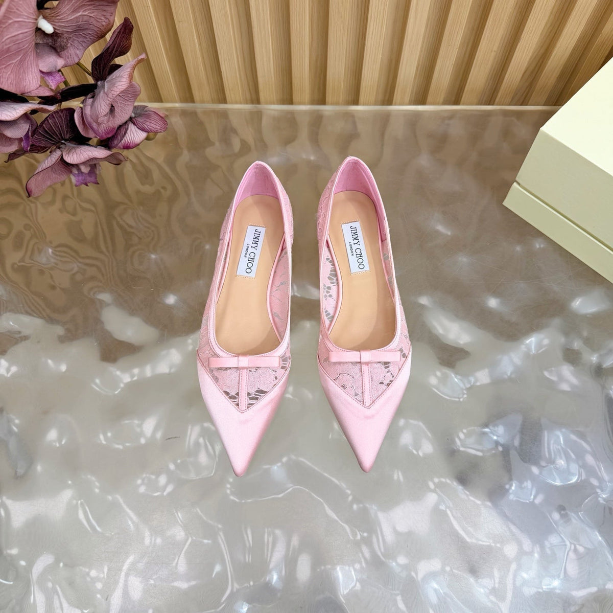 Jimmy Choo 26S Flats Light Pink Lace And Satin 382914