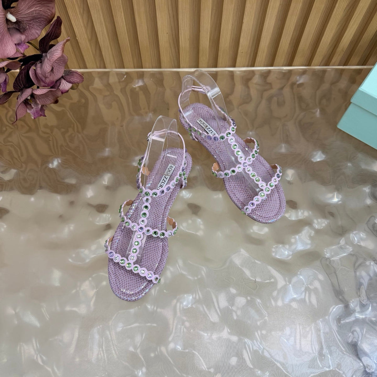 Aquazzura 26s Flat Sandals Light Purple Snakeskin Crystal Embellished 384719