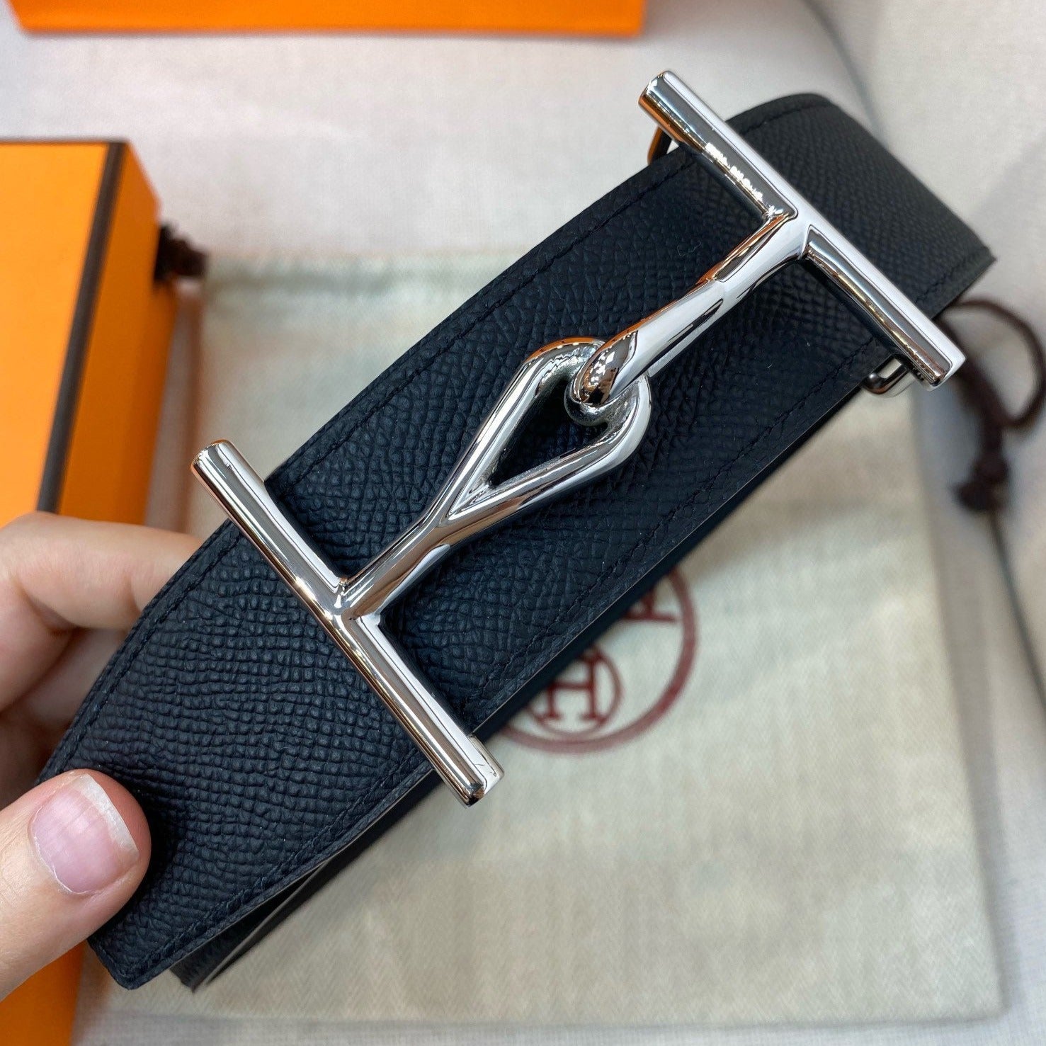 H JUMBO BELT 38MM SILVER BUCKLE BLACK LEATHER