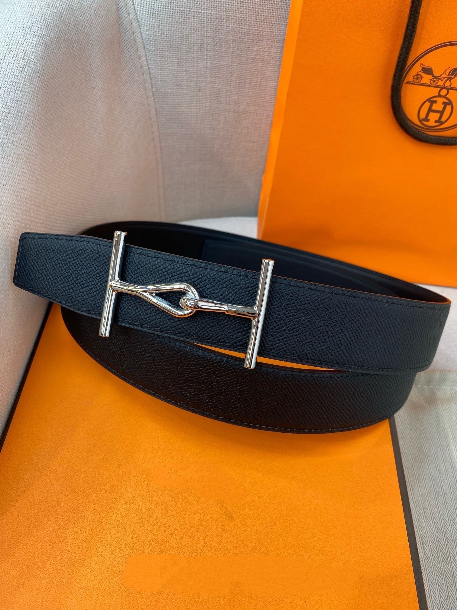 H JUMBO BELT 38MM SILVER BUCKLE BLACK LEATHER