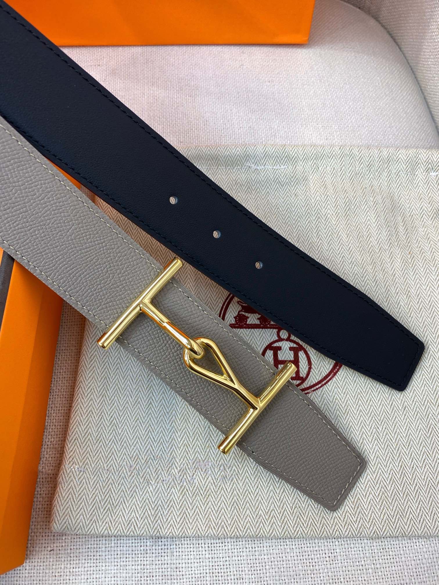H JUMBO BELT 40MM GOLD BUCKLE BLACK TAUPE LEATHER