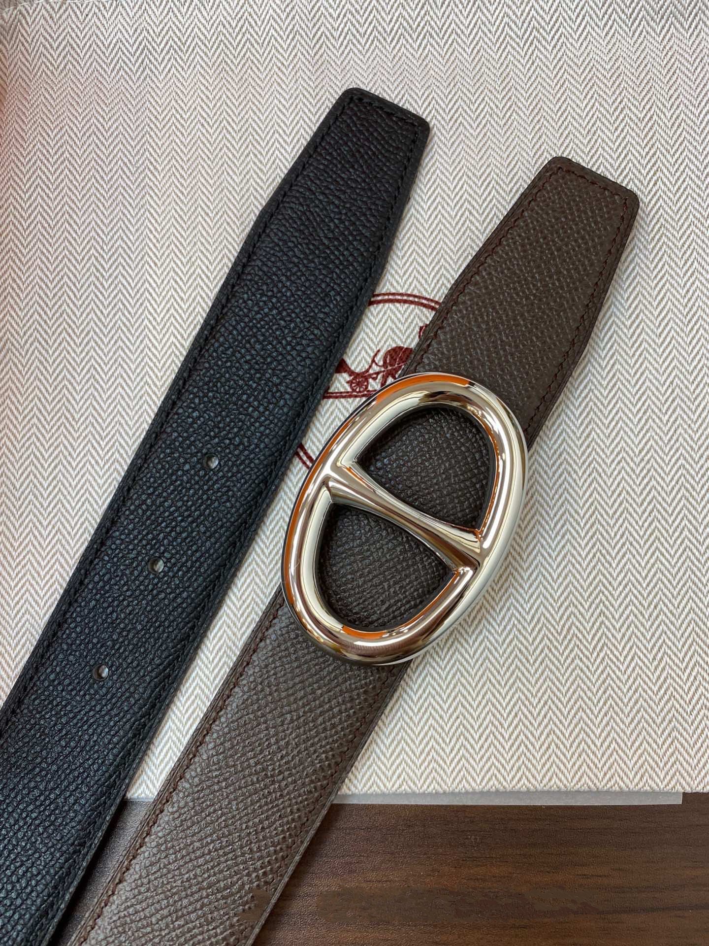 H TWIN REVERSIBLE BELT 32MM SILVER BUCKLE CHOCOLATE BLACK LEATHER