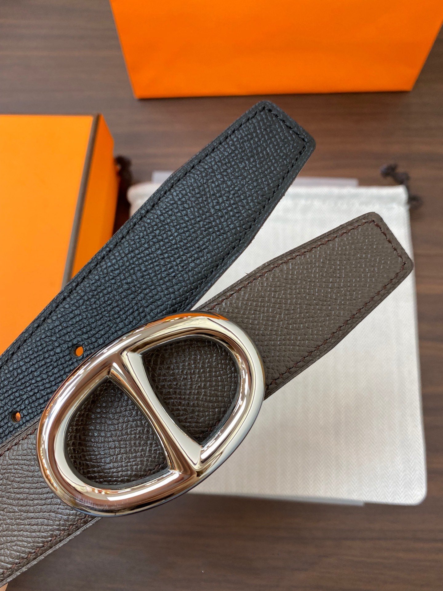 H TWIN REVERSIBLE BELT 32MM SILVER BUCKLE CHOCOLATE BLACK LEATHER