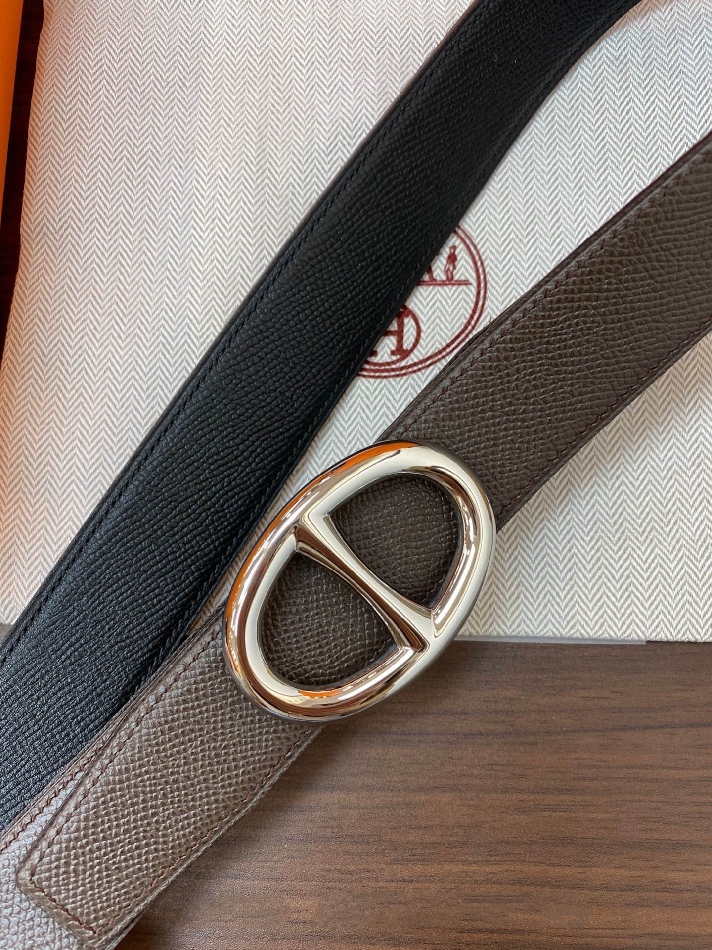 H TWIN REVERSIBLE BELT 32MM SILVER BUCKLE CHOCOLATE BLACK LEATHER
