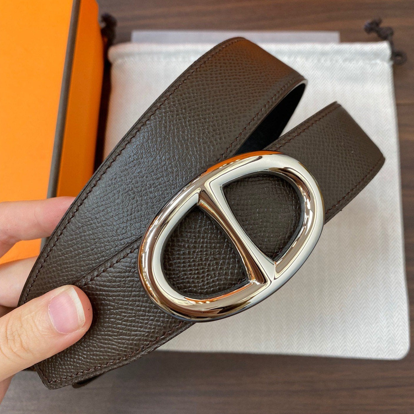 H TWIN REVERSIBLE BELT 32MM SILVER BUCKLE CHOCOLATE BLACK LEATHER