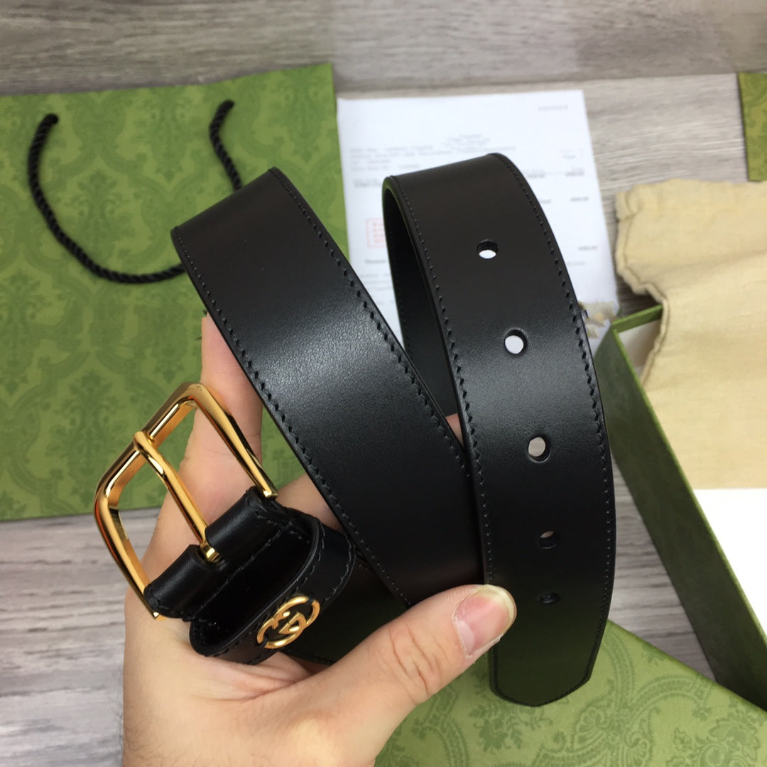 G BELT GOLD SQUARE INSTALL BUCKLE BLACK LEATHER 3.5CM