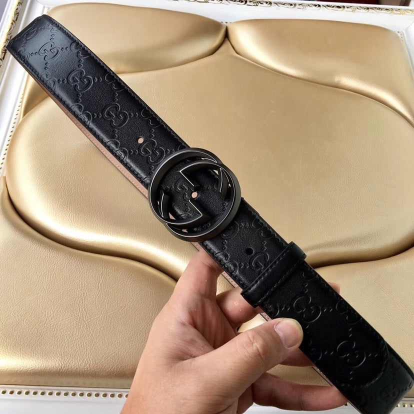 GG BELT IMPRINTED BLACK LEATHER 40MM