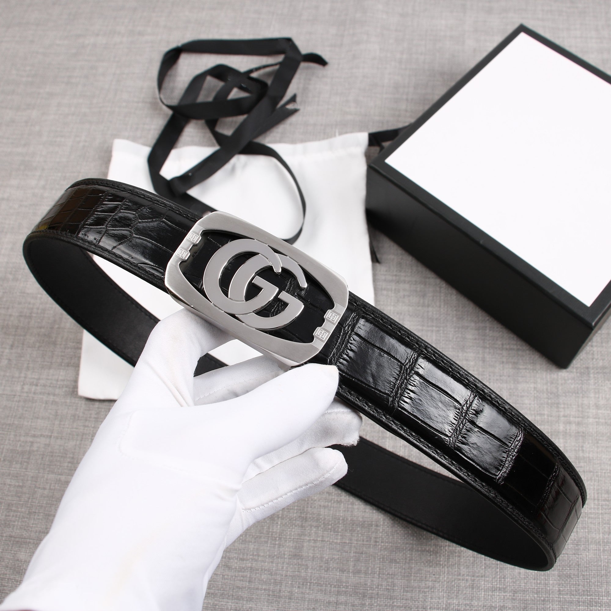 G BELT SILVER BUCKLE CROCODILE POLISHED BLACK 3.8CM
