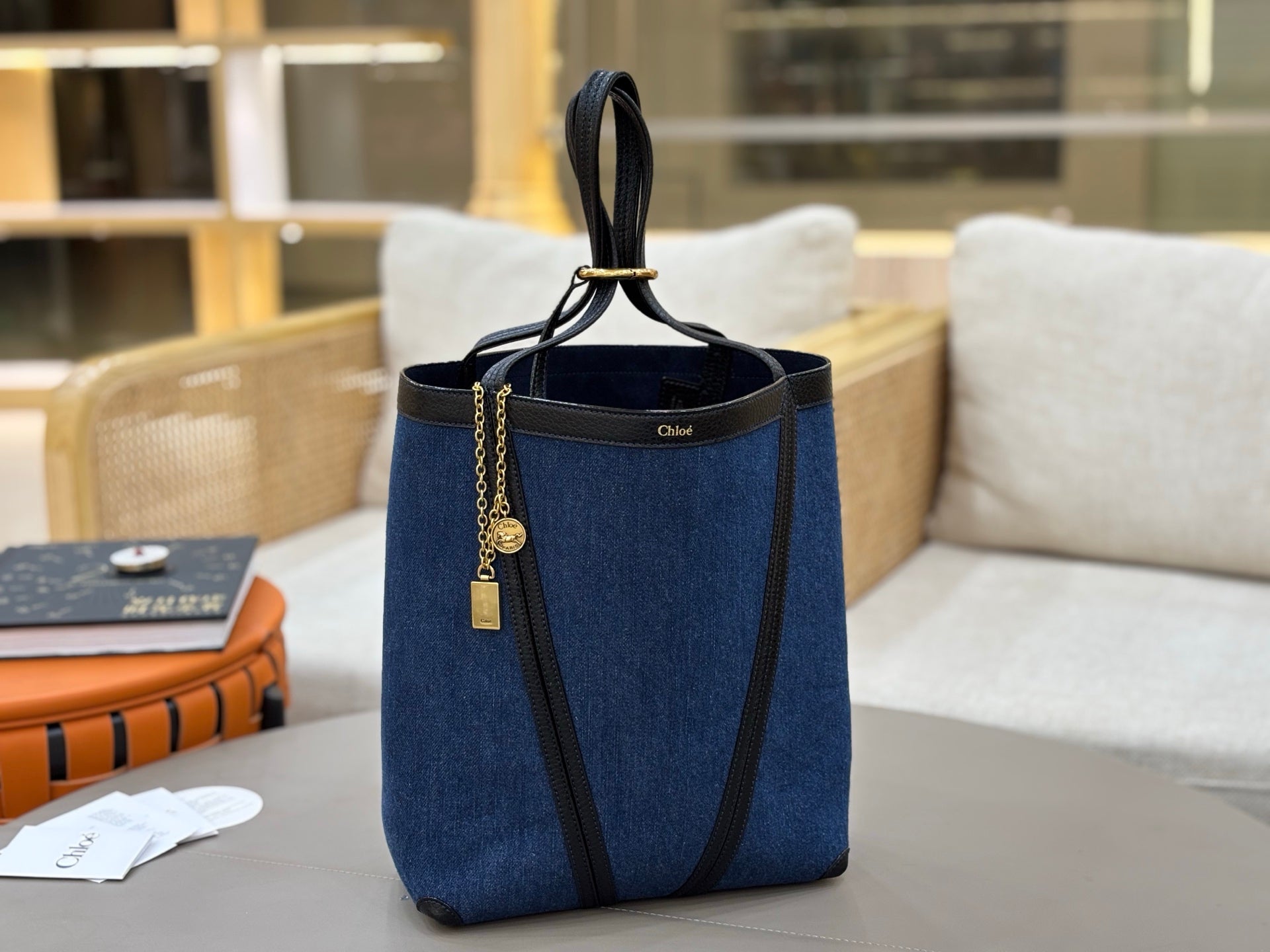 Chloe Spin Tote Bag Medium 27cm Blue Denim Calfskin 272224